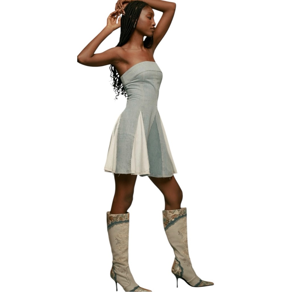 Anthropologie Pilcro Denim Mini Dress Strapless Seamed Boho Distressed Size XS